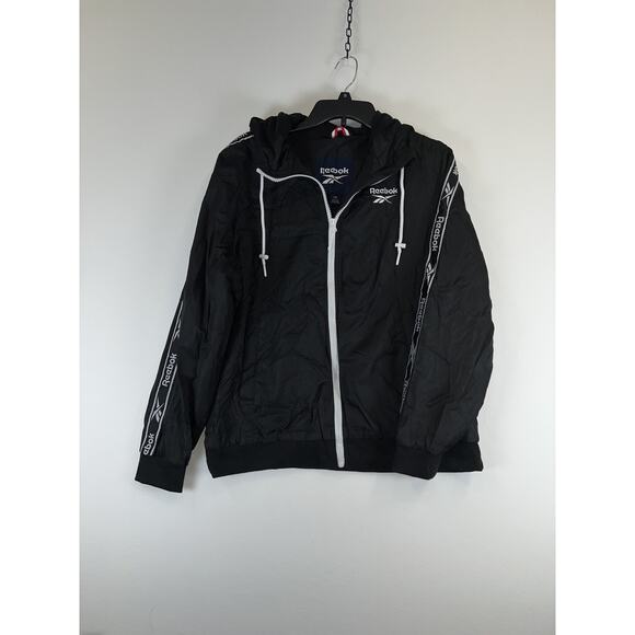 Reebok Jacket Mens Large Hooded Windbreaker Full Zip Tape Sleeve Athletic - Picture 1 of 7